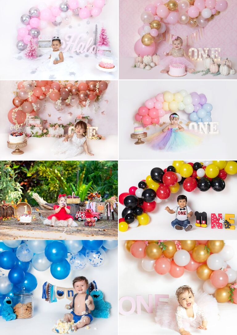 Smash cake photo session with balloon garland in Orlando